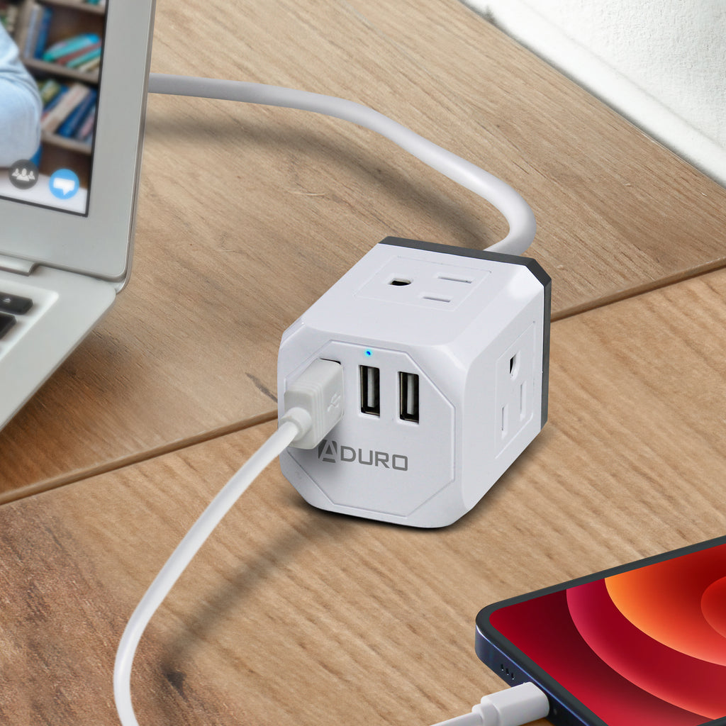 Aduro PowerUp Squared Power Strip with 3 Outlet & 3 USB Ports White