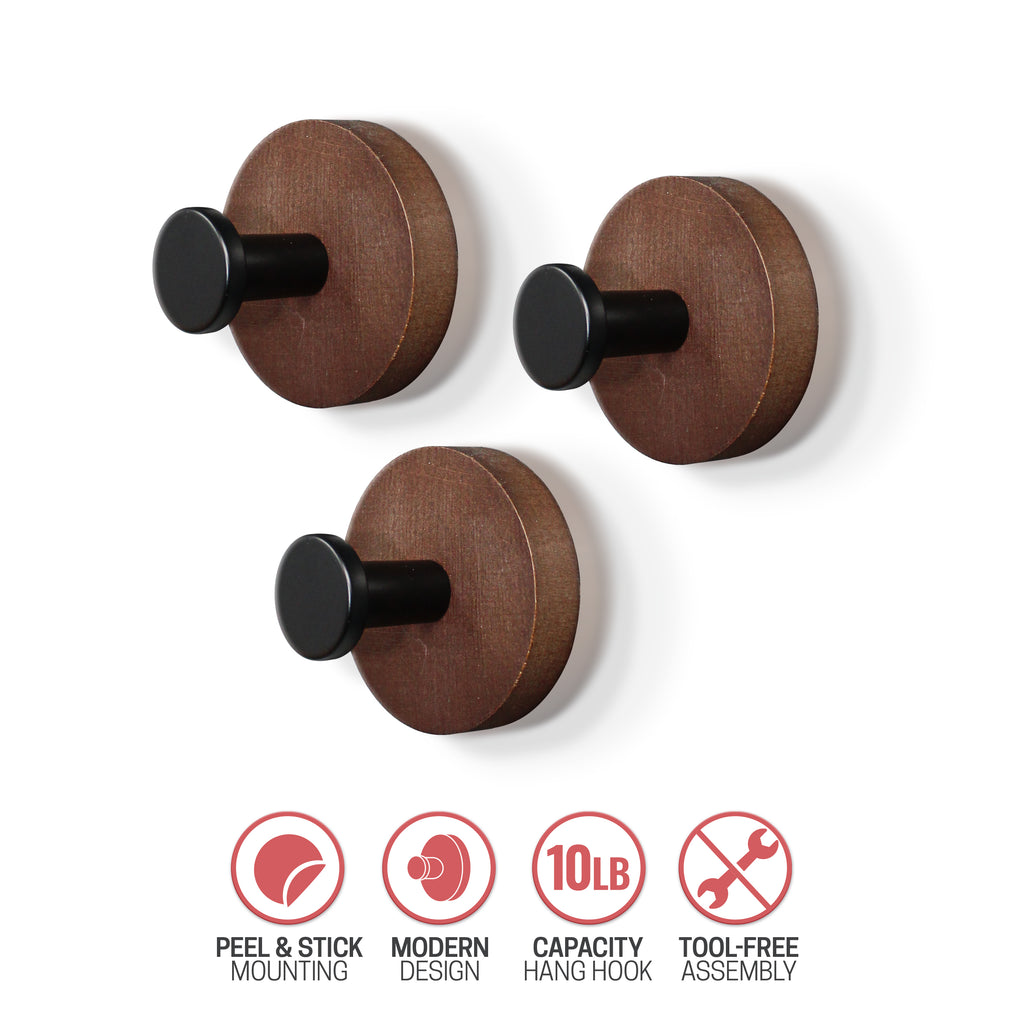 Universal 3 Pack of Wooden Hanging Hooks
