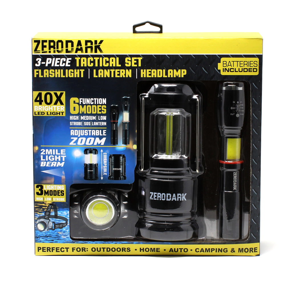 3 Pc Tactical Lighting Set with Flashlight, Lantern, & Headlamp