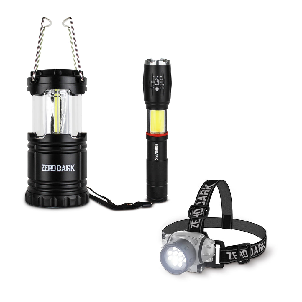3 Pc Tactical Lighting Set with Flashlight, Lantern, & Headlamp