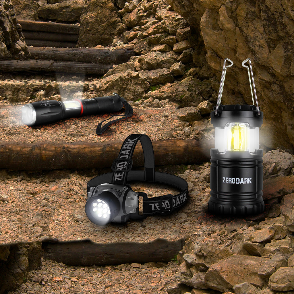 3 Pc Tactical Lighting Set with Flashlight, Lantern, & Headlamp