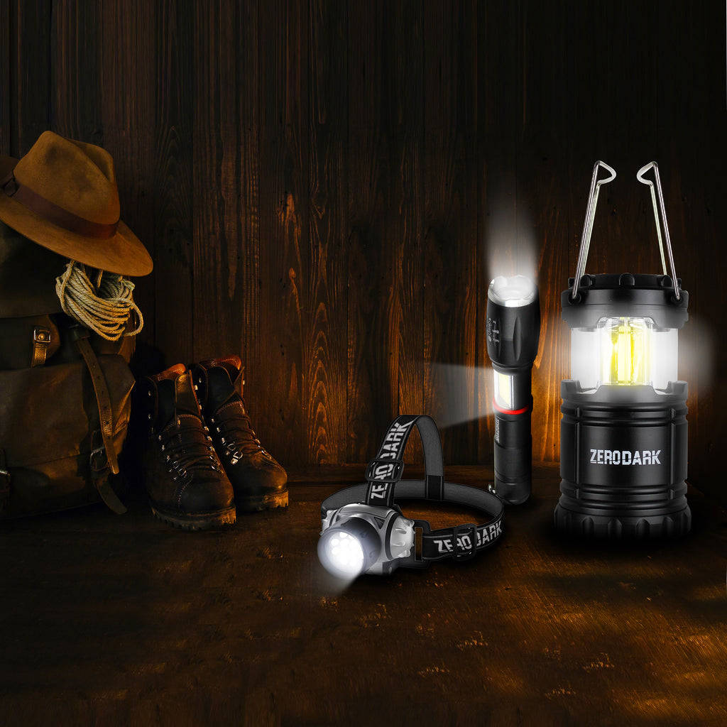 3 Pc Tactical Lighting Set with Flashlight, Lantern, & Headlamp