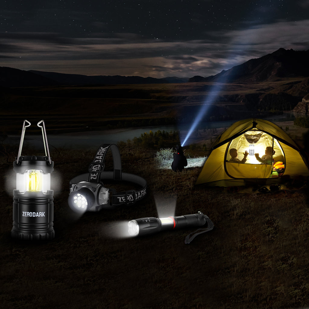 3 Pc Tactical Lighting Set with Flashlight, Lantern, & Headlamp