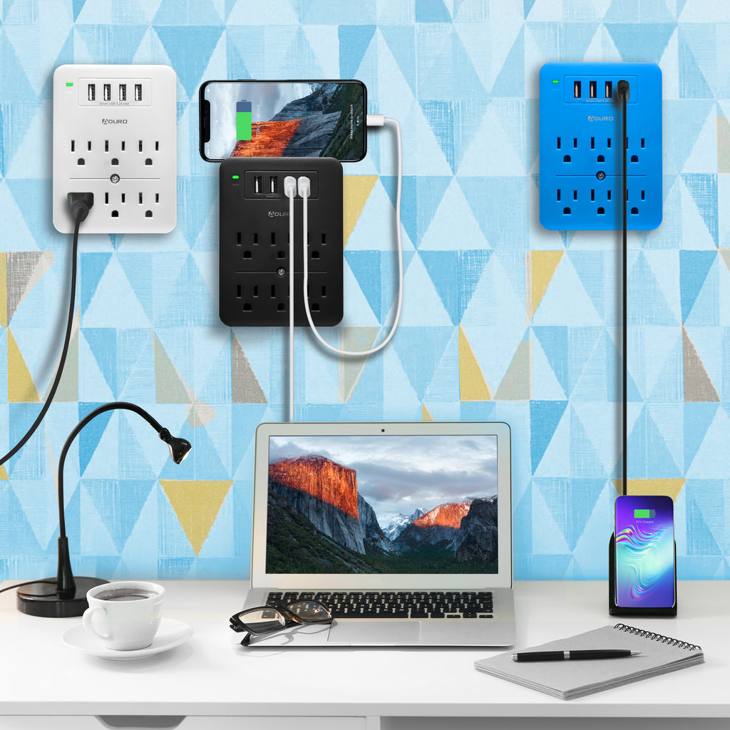 Aduro Surge Multi Charging Station with 6 Outlets & 4 USB Ports black, white, pink, blue