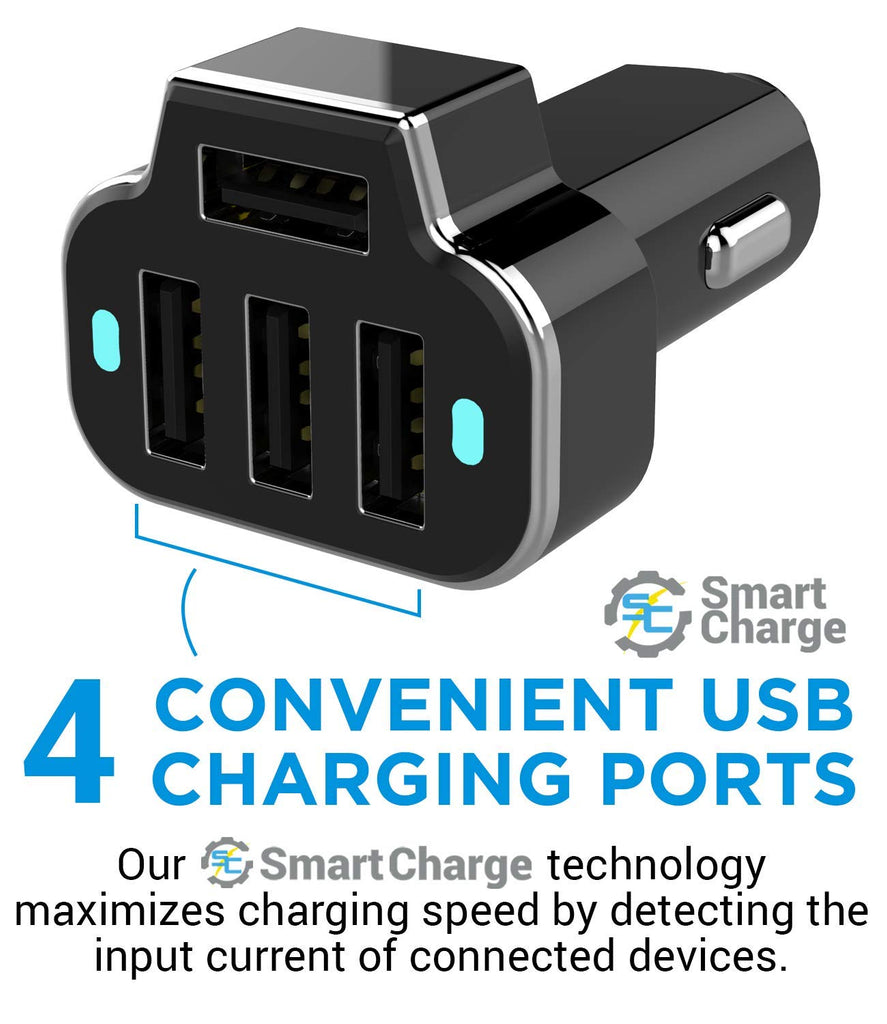 PowerUp 4 USB Port Car Charger Adapter for iPhone Samsung and More