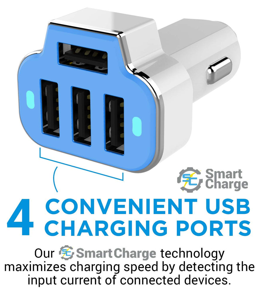 PowerUp 4 USB Port Car Charger Adapter for iPhone Samsung and More