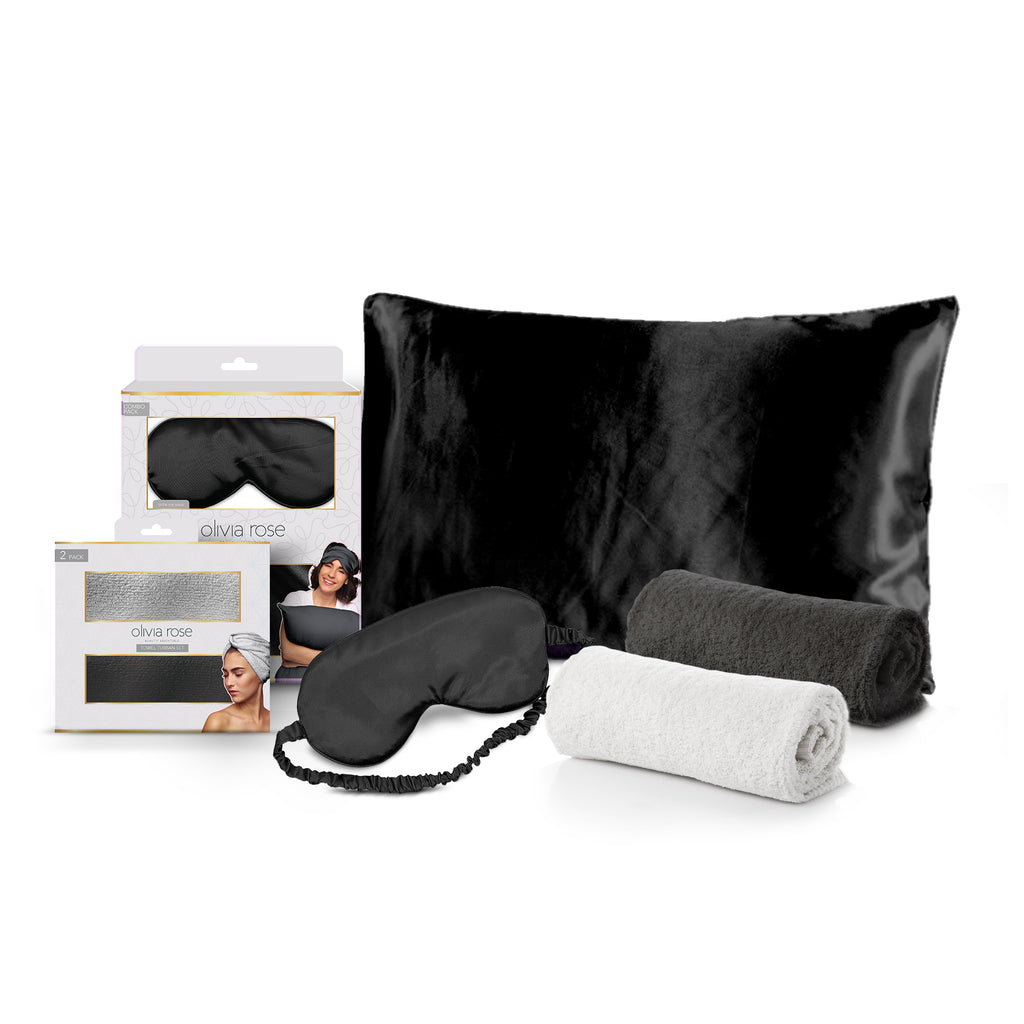 Olivia Rose Satin Sleep Set & 2 Pack Towel Turban Black