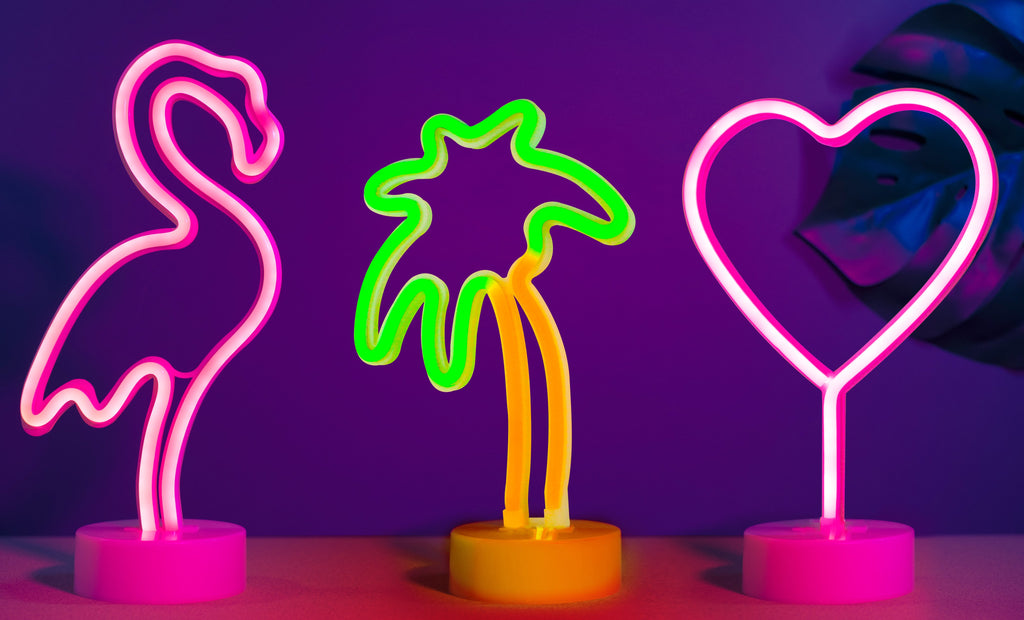 Hearth & Haven Decorative Flamingo Palm Heart Fluorescent Light Neon Signs Wall Decor Battery Operated