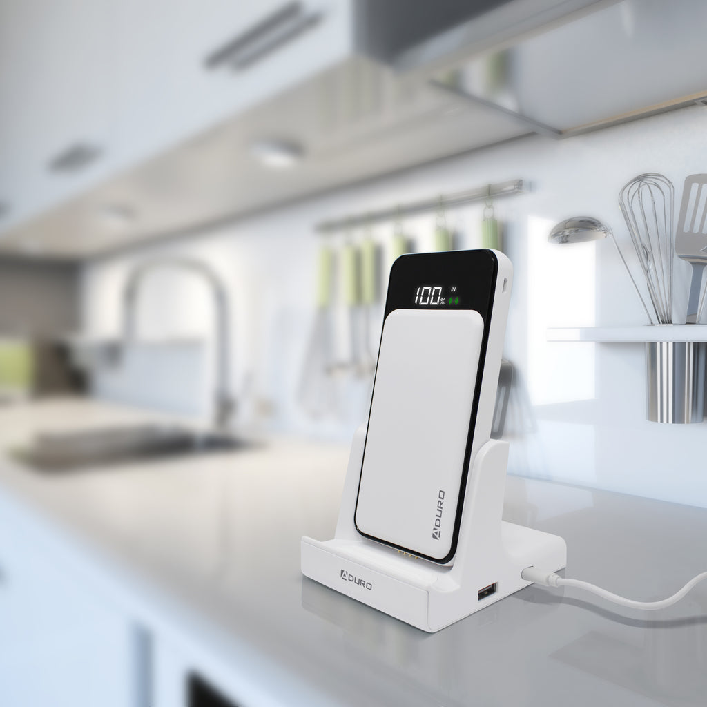 PowerUp 2 in 1 Qi Wireless Charging Battery & Desktop Charging Station White