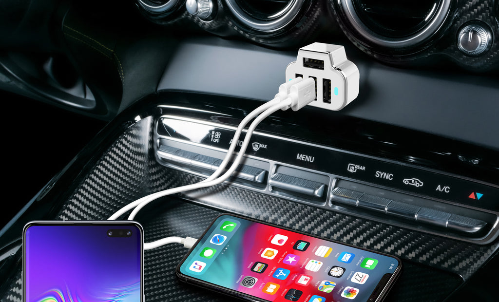 PowerUp 4 USB Port Car Charger Adapter for iPhone Samsung and More PowerUp 4 USB Port Car Charger Adapter for iPhone Samsung and More