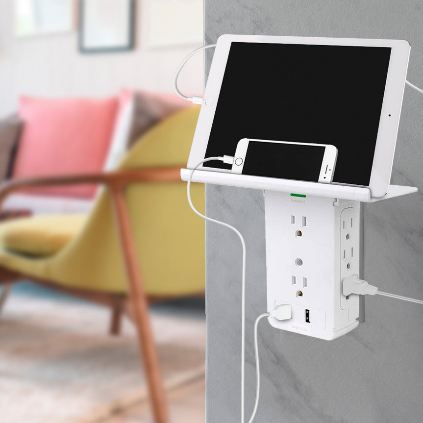 Aduro Surge Shelf Series Multi-Charging Station Surge Protector with 8 Outlets & Dual USB Ports White
