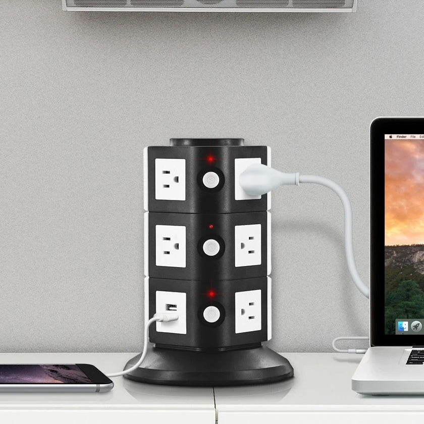 Aduro Surge Power Tower with 11 Outlets & Dual USB Ports Black