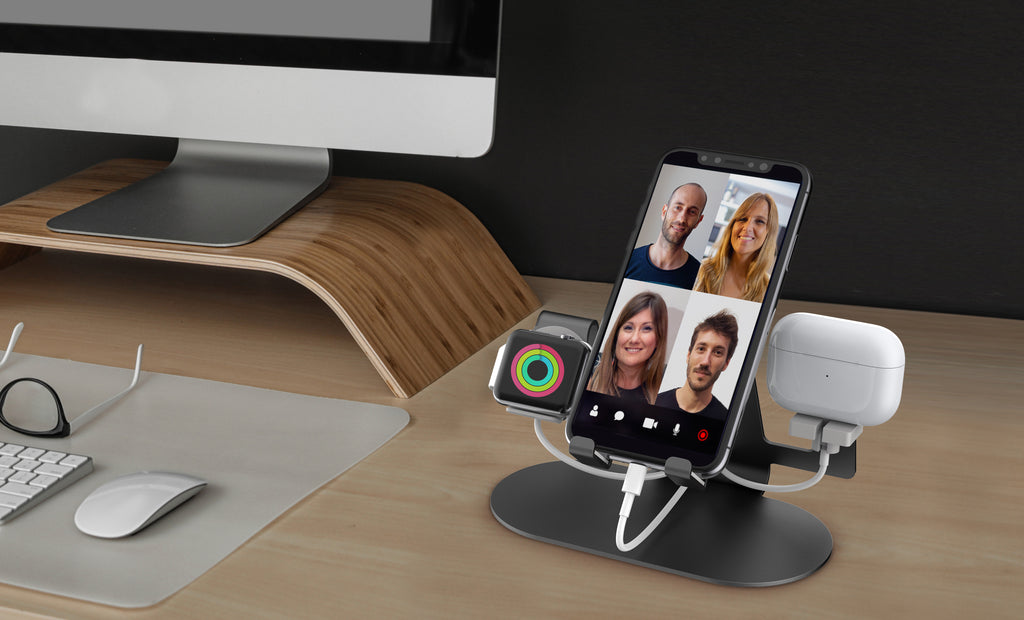 Aduro Trio Charge 3 in 1 Aluminum Desktop Charging Stand for iPhone, Watch & AirPods Black
