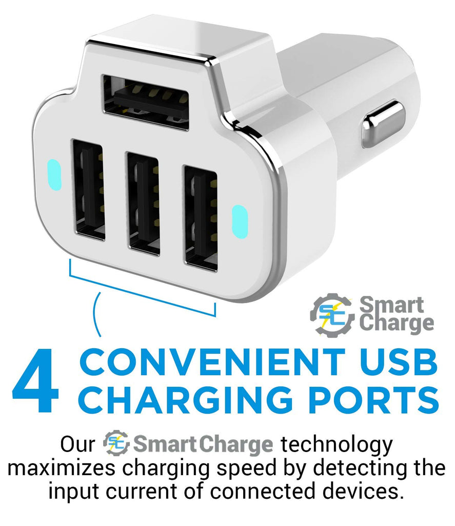 PowerUp 4 USB Port Car Charger Adapter for iPhone Samsung and More