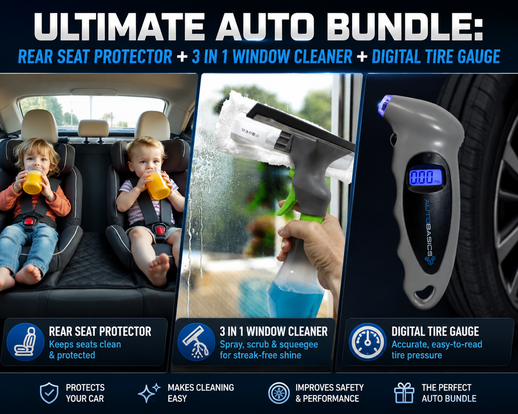 Ultimate Auto Bundle: Premium Rear Seat Protector + 3 in 1 Cleaner + Digital Tire Gauge