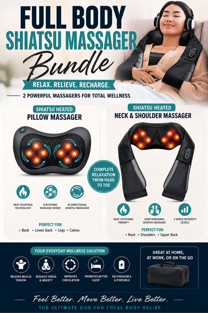 Full Body Shiatsu Massager Bundle - Heated Pillow Massager & Neck & Shoulder Massager