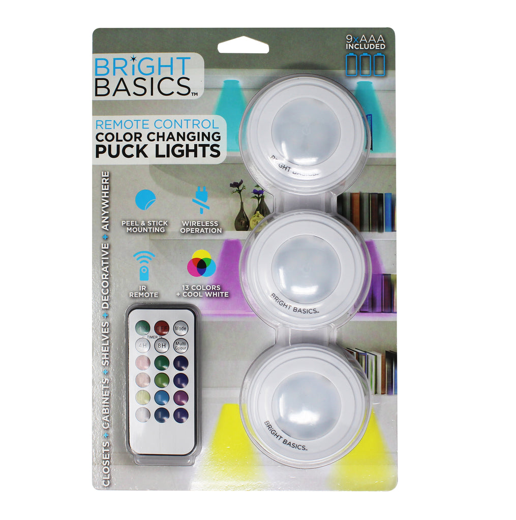 Bright Basics 3 Pack Color Changing Wireless LED Puck Lights w/ Remote Control