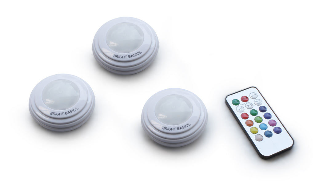 Bright Basics 3 Pack Color Changing Wireless LED Puck Lights w/ Remote Control