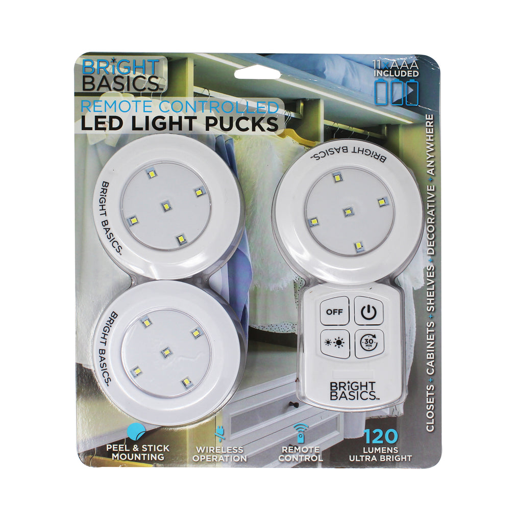 Bright Basics 3 Pack Ultra Thin Wireless LED Puck Lights w/ Remote