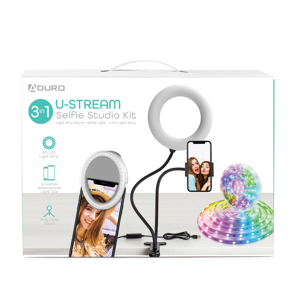 U-Stream Selfie Studio Gift Set w/ 6” Ring Light Stand, Selfie Clip Light & 6 Ft LED Light Strip