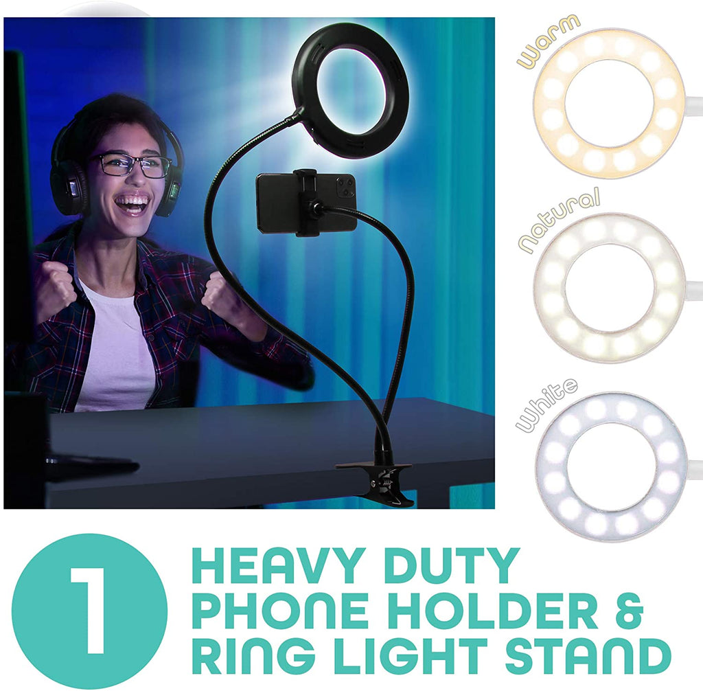 U-Stream Selfie Studio Gift Set w/ 6” Ring Light Stand, Selfie Clip Light & 6 Ft LED Light Strip